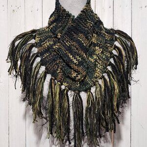 NEW Hand Knitted Boho Cowl Scarf Green Black Fringe Hippie Indie Whimsigoth Art